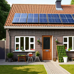 **Image Prompt:** A charming Dutch house with solar panels on the roof, surrounded by a well-maintained garden in a family-friendly neighborhood with kids playing, depicting the desirability of sustainable and well-located homes. Focus on the "A" energy label sticker visible on the front door.